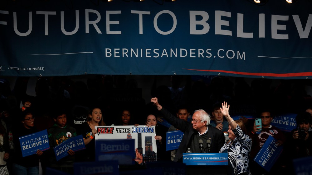 Senator Bernie Sanders, an independent from Vermont and 2016 Democratic presidential candidate, gestures during a campaign event in Louisville, Ky., May 3, 2016. (Photo by Luke Sharrett/Bloomberg/Getty)