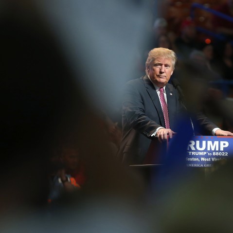 Republican Presidential candidate Donald Trump pauses during his rally at the Charleston Civic Center on May 5, 2016 in Charleston, W.V. (Photo by Mark Lyons/Getty)