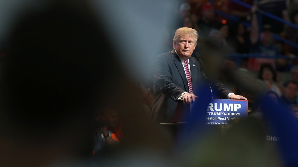 Republican Presidential candidate Donald Trump pauses during his rally at the Charleston Civic Center on May 5, 2016 in Charleston, W.V. (Photo by Mark Lyons/Getty)