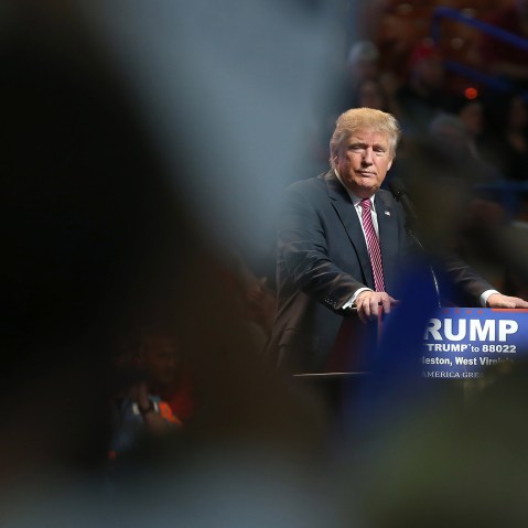 Republican Presidential candidate Donald Trump pauses during his rally at the Charleston Civic Center on May 5, 2016 in Charleston, W. Va. (Photo by Mark Lyons/Getty)