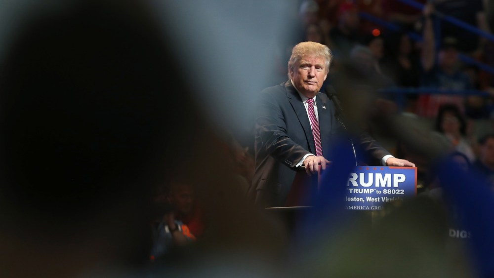 Republican Presidential candidate Donald Trump pauses during his rally at the Charleston Civic Center on May 5, 2016 in Charleston, W. Va. (Photo by Mark Lyons/Getty)