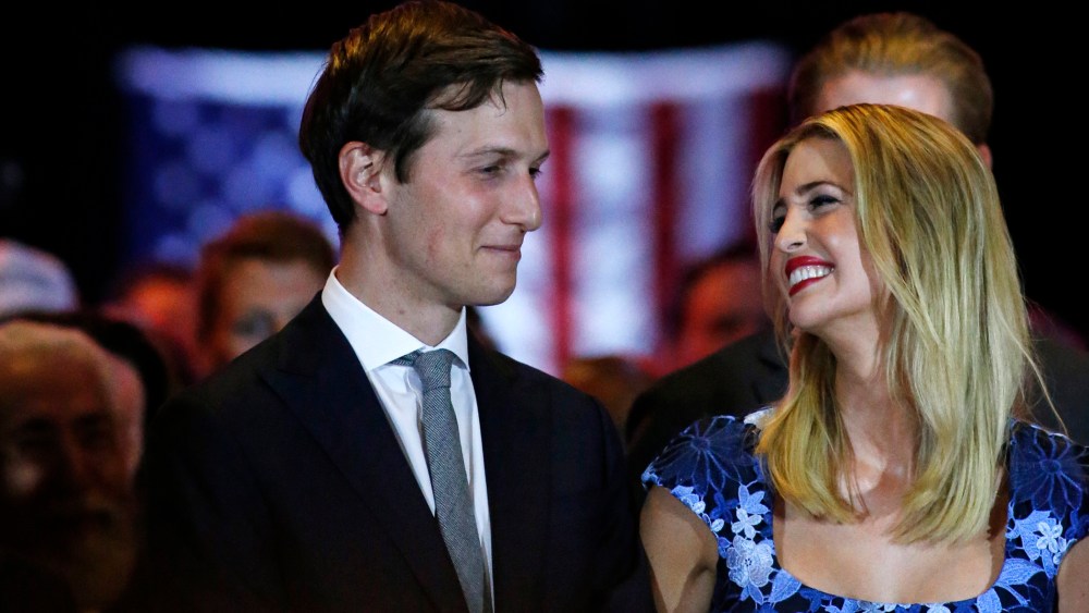 Ivanka Trump smiles at her her husband, Jared Kushner (L), as her father Republican presidential front runner Donald Trump speaks to supporters and the media on May 3, 2016 in New York, N.Y. (Photo by View press/Corbis/Getty)