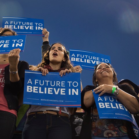 Supporters cheer during a campaign rally for Democratic presidential candidate Sen. Bernie Sanders at California State University on May 17, 2016 in Carson, Calif. (Photo by David McNew/Getty)