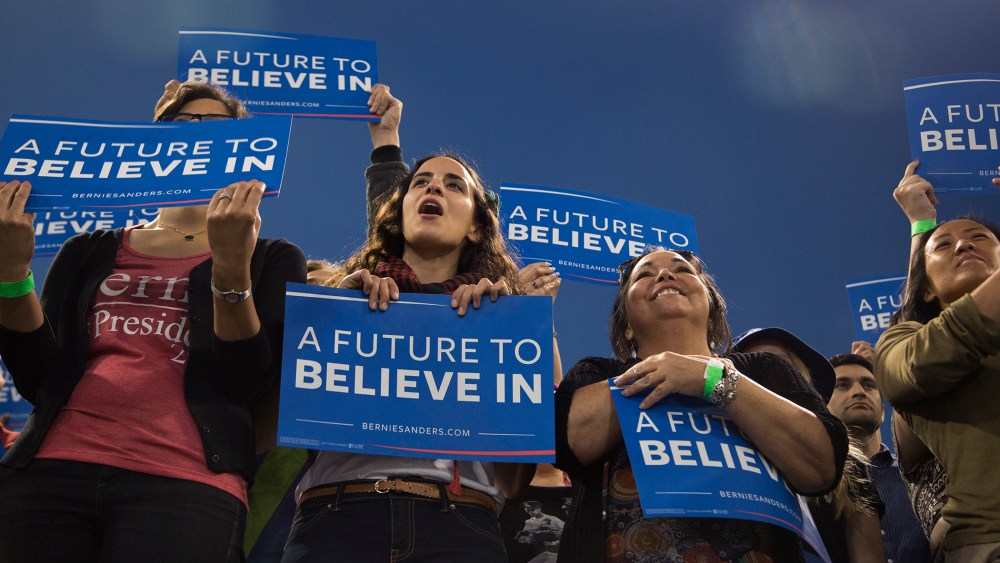 Supporters cheer during a campaign rally for Democratic presidential candidate Sen. Bernie Sanders at California State University on May 17, 2016 in Carson, Calif. (Photo by David McNew/Getty)