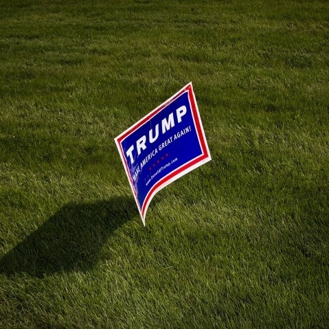 A campaign sign for Donald Trump is seen before an event in Lawrenceville, N.J., May 19, 2016. (Photo by John Taggart/Bloomberg/Getty)