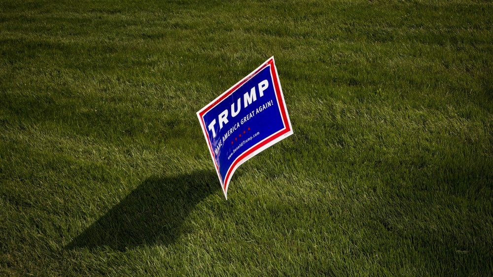 A campaign sign for Donald Trump is seen before an event in Lawrenceville, N.J., May 19, 2016. (Photo by John Taggart/Bloomberg/Getty)