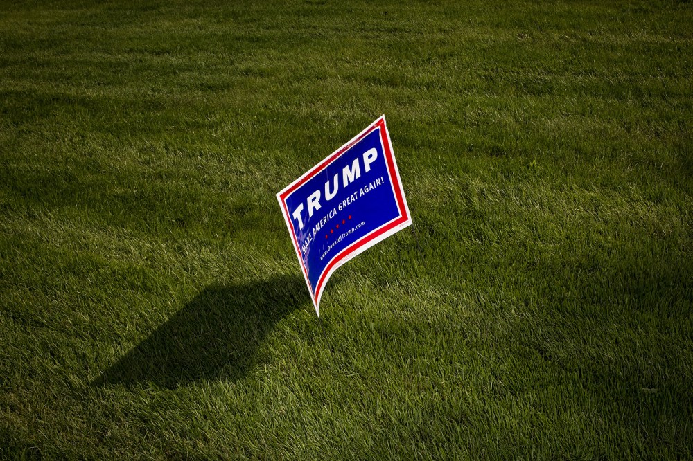 A campaign sign for Donald Trump is seen before an event in Lawrenceville, N.J., May 19, 2016. (Photo by John Taggart/Bloomberg/Getty)