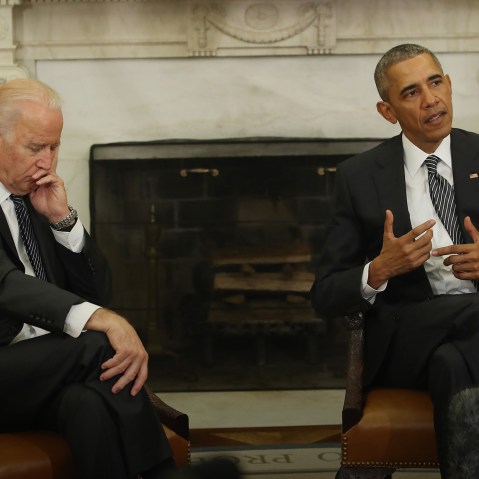 President Obama is flanked by Vice President Biden as he speaks to the media about the Zika virus, after receiving a briefing from his public health team in the Oval Office at the White House, May 20, 2016 in Washington, DC. (Photo by Mark Wilson/Getty)