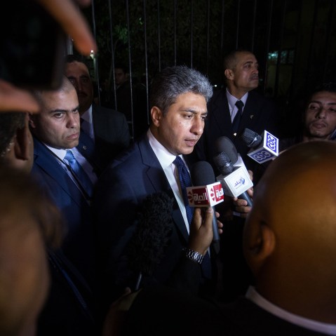 Egyptian Minister of Aviation, Sharif Fathi, speaks to the media after attending a memorial service for EgyptAir pilot Mohamed Shukair on May 22, 2016 in Cairo, Egypt. (Photo by Chris McGrath/Getty)