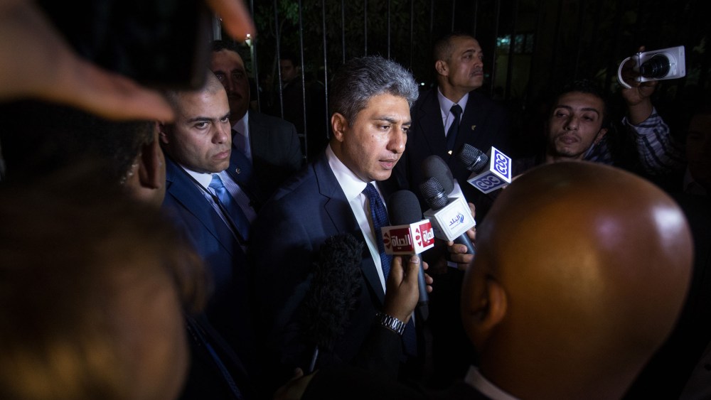 Egyptian Minister of Aviation, Sharif Fathi, speaks to the media after attending a memorial service for EgyptAir pilot Mohamed Shukair on May 22, 2016 in Cairo, Egypt. (Photo by Chris McGrath/Getty)