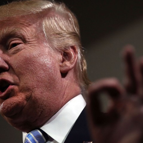 Republican presidential candidate Donald Trump speaks to the media before a rally on May 26, 2016 in Bismarck, N.D. (Photo by Spencer Platt/Getty Images)