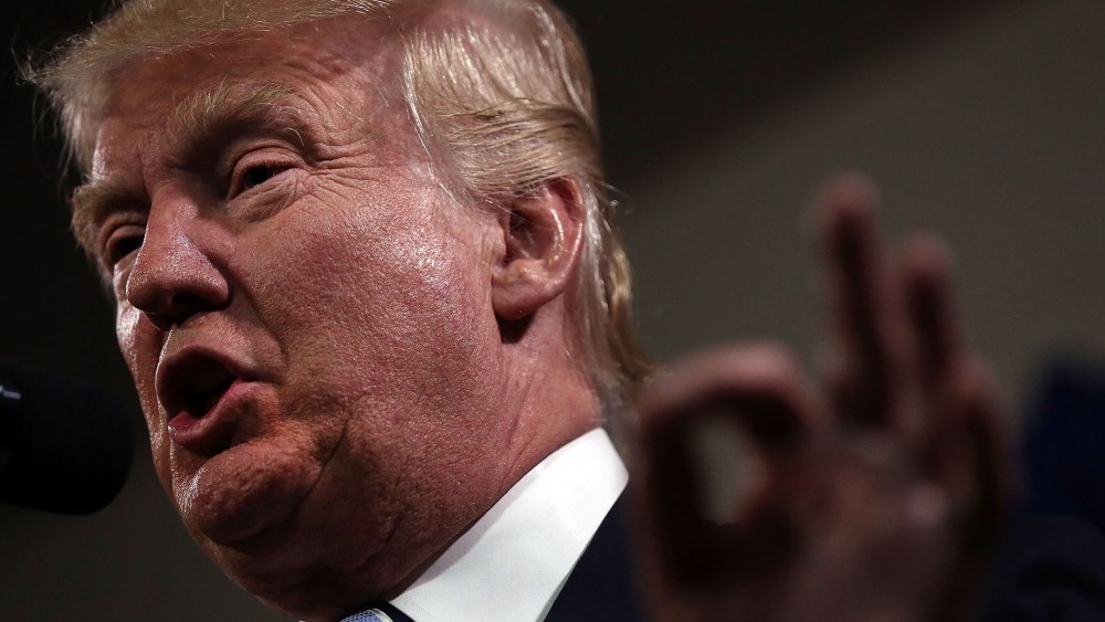 Republican presidential candidate Donald Trump speaks to the media before a rally on May 26, 2016 in Bismarck, N.D. (Photo by Spencer Platt/Getty Images)