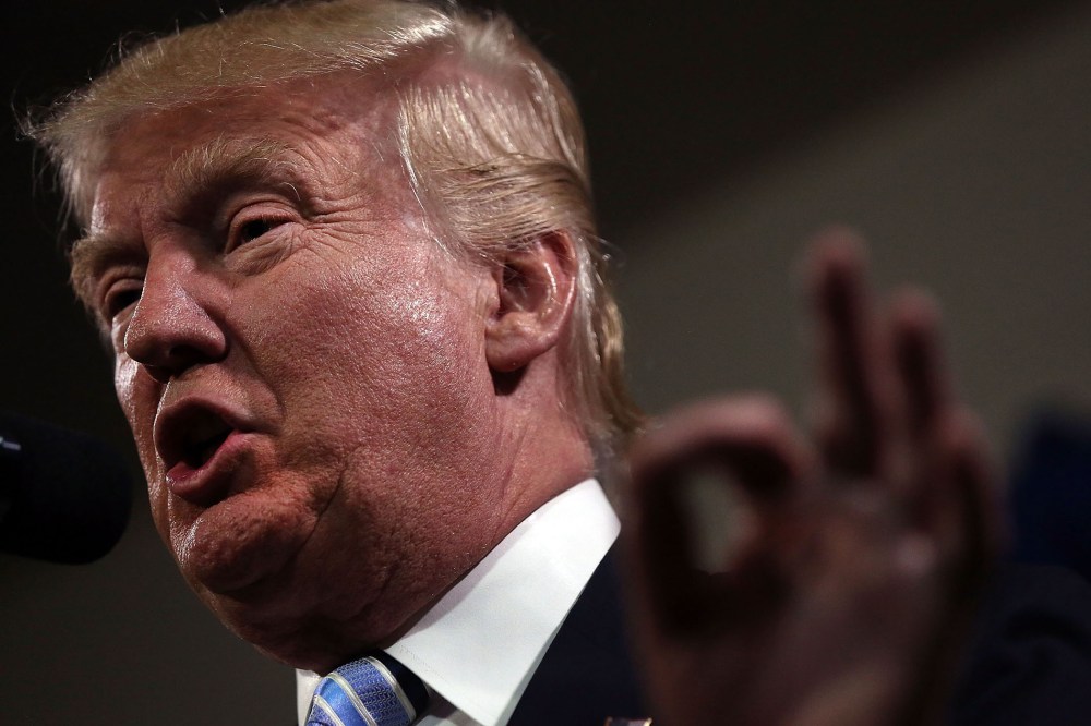 Republican presidential candidate Donald Trump speaks to the media before a rally on May 26, 2016 in Bismarck, N.D. (Photo by Spencer Platt/Getty Images)