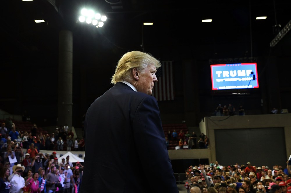 Republican presidential candidate Donald Trump motions to the crowd following a speech at a rally on May 26, 2016 in Billings, Montana. (Photo by Spencer Platt/Getty)