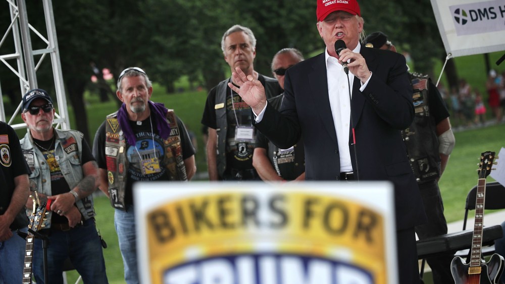 Republican presidential candidate Donald Trump speaks during the annual Rolling Thunder First Amendment Demonstration Run, May 29, 2016 in Washington, DC. (Photo by Alex Wong/Getty)