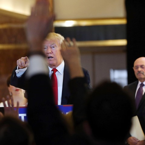 Republican presidential candidate Donald Trump speaks at a news conference where he addressed issues about the money he pledged to donate to veterans groups on May 31, 2016 in New York City. (Photo by Spencer Platt/Getty)
