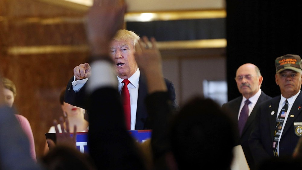 Republican presidential candidate Donald Trump speaks at a news conference where he addressed issues about the money he pledged to donate to veterans groups on May 31, 2016 in New York City. (Photo by Spencer Platt/Getty)