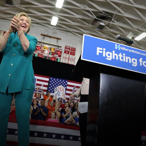 Democratic presidential candidate former Secretary of State Hillary Clinton greets supporters during a campaign rally at Hueneme High School on June 4, 2016 in Oxnard, Calif. (Photo by Justin Sullivan/Getty)