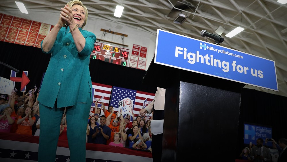 Democratic presidential candidate former Secretary of State Hillary Clinton greets supporters during a campaign rally at Hueneme High School on June 4, 2016 in Oxnard, Calif. (Photo by Justin Sullivan/Getty)
