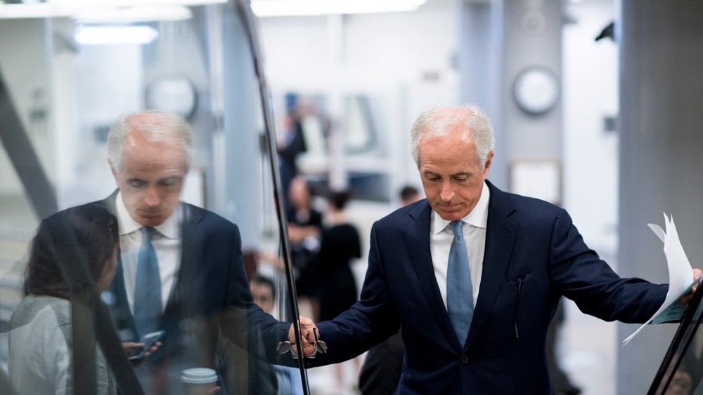 Sen. Bob Corker (R-Tenn.) arrives in the Capitol for the Senate Republicans' policy luncheon on June 28, 2016 in Washington, D.C. (Photo By Bill Clark/CQ Roll Call/Getty)