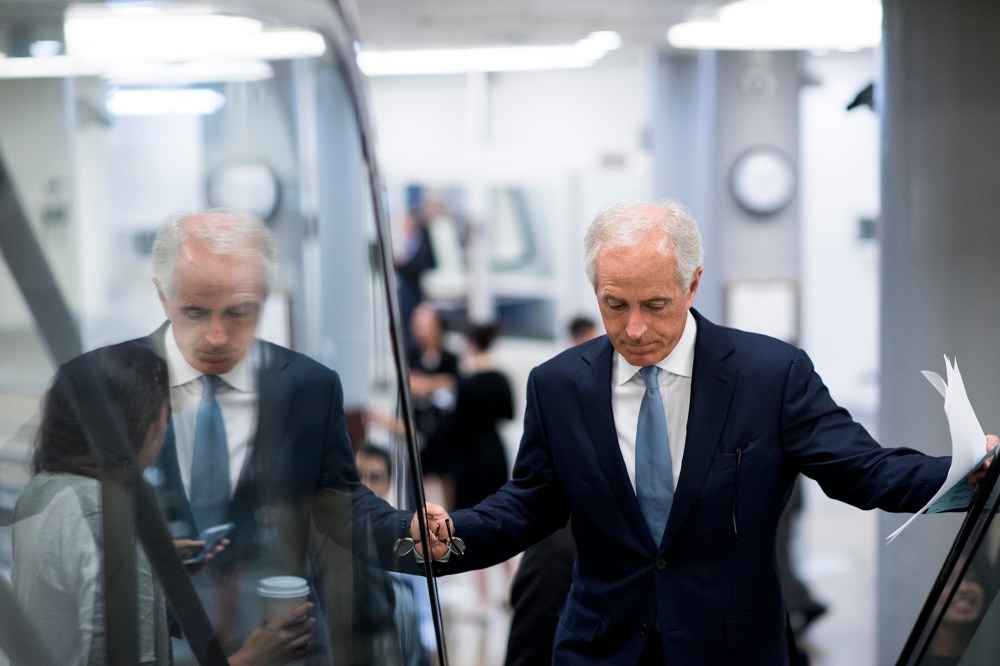 Sen. Bob Corker (R-Tenn.) arrives in the Capitol for the Senate Republicans' policy luncheon on June 28, 2016 in Washington, D.C. (Photo By Bill Clark/CQ Roll Call/Getty)