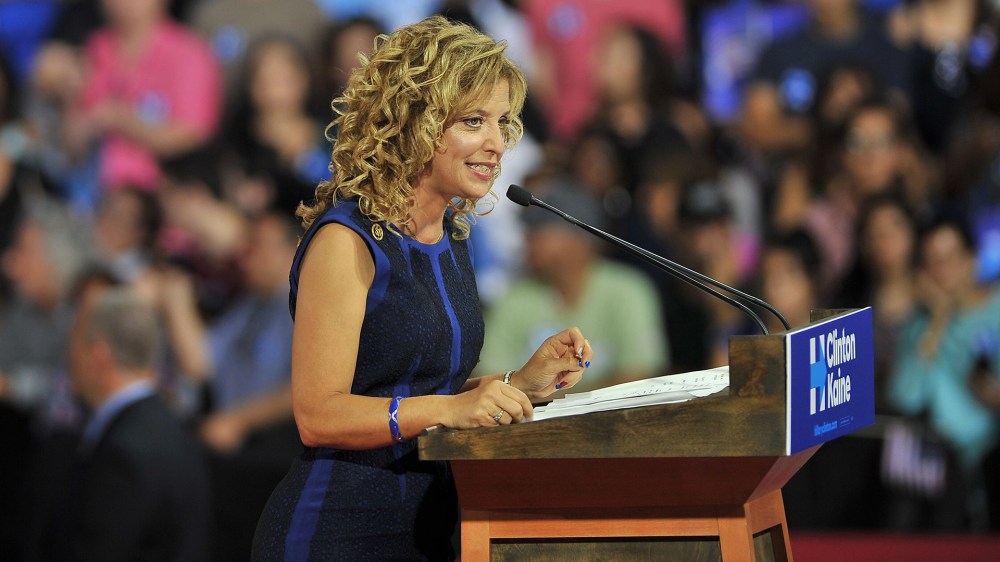 Democratic National Committee Chair, Congresswoman Debbie Wasserman Schultz (D-Fla.) addresses a campaign rally for Democratic presidential candidate Hillary Clinton and running mate Tim Kaine (Photo by Gaston De Cardenas/AFP/Getty)