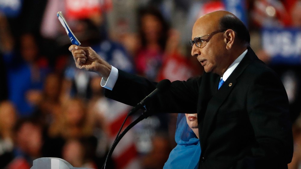Khizr Khan, father of deceased Muslim U.S. Soldier, delivers remarks on the fourth day of the Democratic National Convention, July 28, 2016 in Philadelphia, Pa. (Photo by Aaron P. Bernstein/Getty)