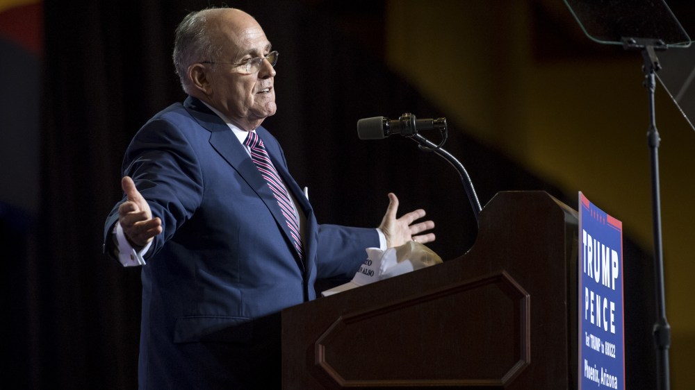 Rudy Giuliani, former mayor of New York, speaks during a campaign event for Donald Trump, 2016 Republican presidential nominee, in Phoenix, Ariz., Aug. 31, 2016. (Photo by David Paul Morris/Bloomberg/Getty)