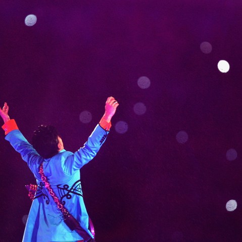 Musician Prince performs during the "Pepsi Halftime Show" at Super Bowl XLI between the Indianapolis Colts and the Chicago Bears on Feb. 4, 2007 at Dolphin Stadium in Miami Gardens, Fla. (Photo by Jed Jacobsohn/Getty)