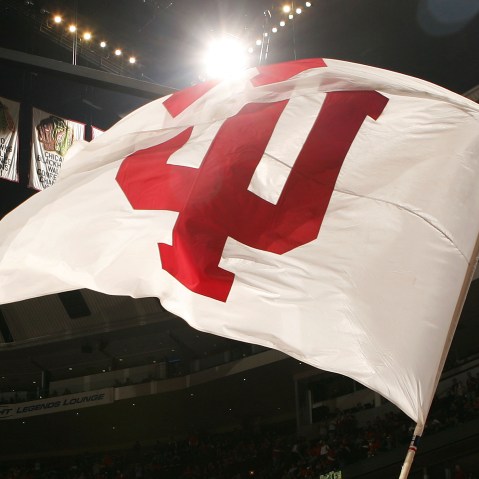 A flag for Indiana University is seen. (Photo by Jonathan Daniel/Getty)