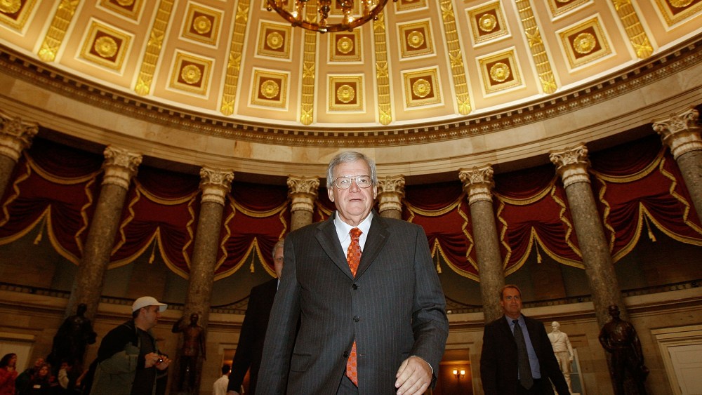 Former Speaker of the House Dennis Hastert (R-IL) walks through Statuary Hall on his way to the House floor to make his farewell address to Congress on Nov., 15, 2007 in Washington, D.C. (Photo by Chip Somodevilla/Getty)