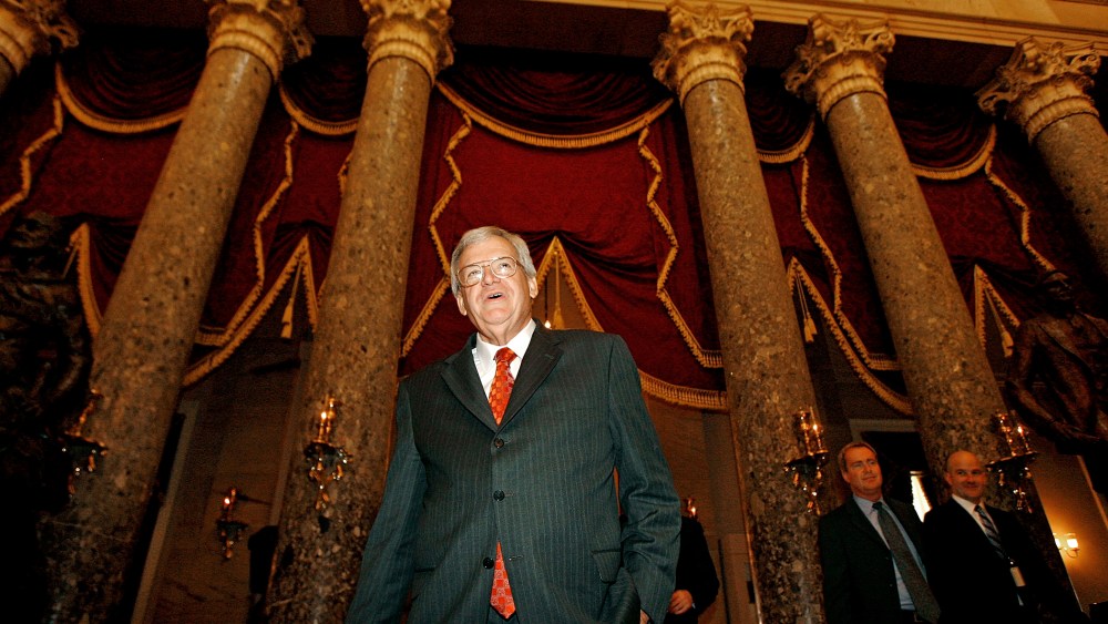 Former Speaker of the House Dennis Hastert (R-IL) walks through Statuary Hall after delivering his farewell address to Congress Nov. 15, 2007 in Washington, DC. (Photo by Chip Somodevilla/Getty)