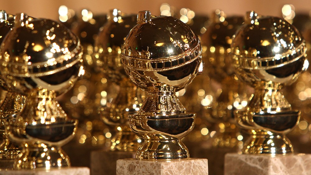 Golden Globe statuettes are on seen on display. (Photo by Frazer Harrison/Getty)