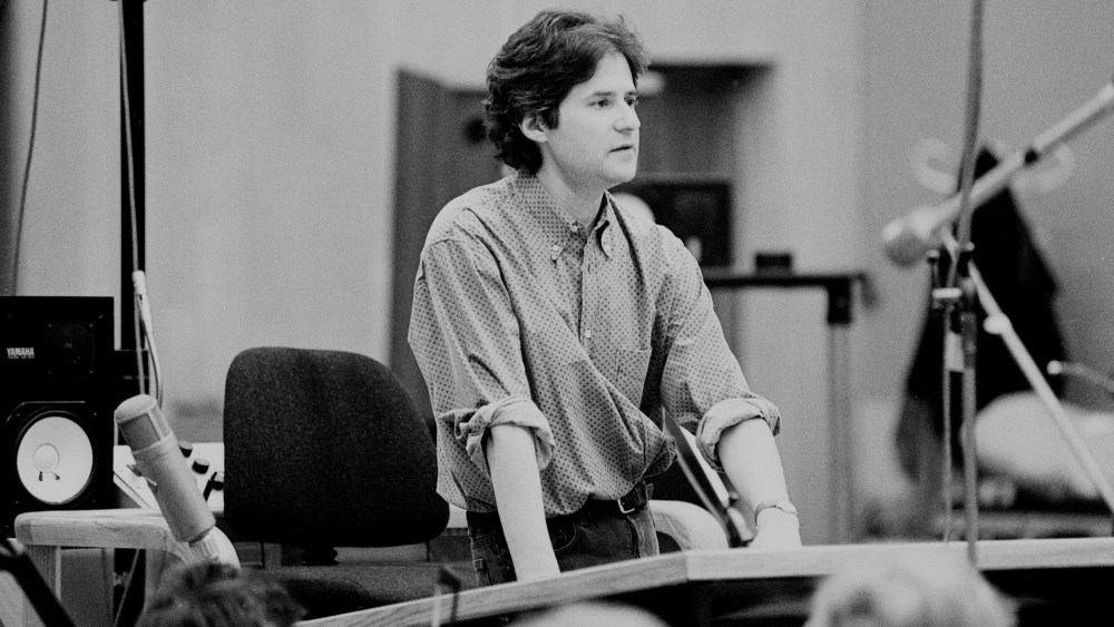 James Horner is pictured in the recording studio, working on score to Braveheart film. (Photo by Phil Dent/Redferns/Getty)