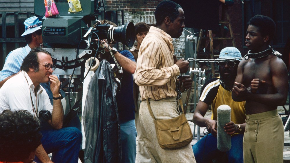 Behind the scenes image of Lou Gossett Jr. and Levar Burton shooting ROOTS, Jan. 23, 1977. (Photo handout by ABC)