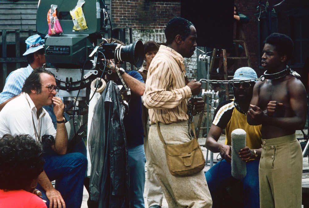 Behind the scenes image of Lou Gossett Jr. and Levar Burton shooting ROOTS, Jan. 23, 1977. (Photo handout by ABC)