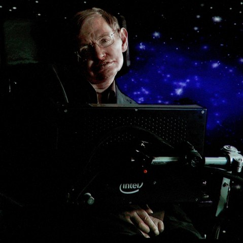 Scientist Stephen Hawking speaks via satellite during an event on Jan. 14, 2010 in Pasadena, Calif. (Photo by Frederick M. Brown/Getty)