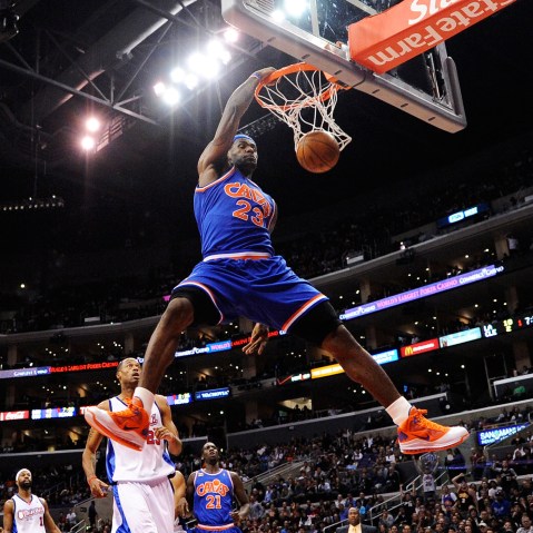 LeBron James of the Cleveland Caveliers dunks the ball against the Los Angeles Clippers at the Staples Center on Jan. 16, 2010 in Los Angeles, Calif. (Photo by Kevork Djansezian/Getty)