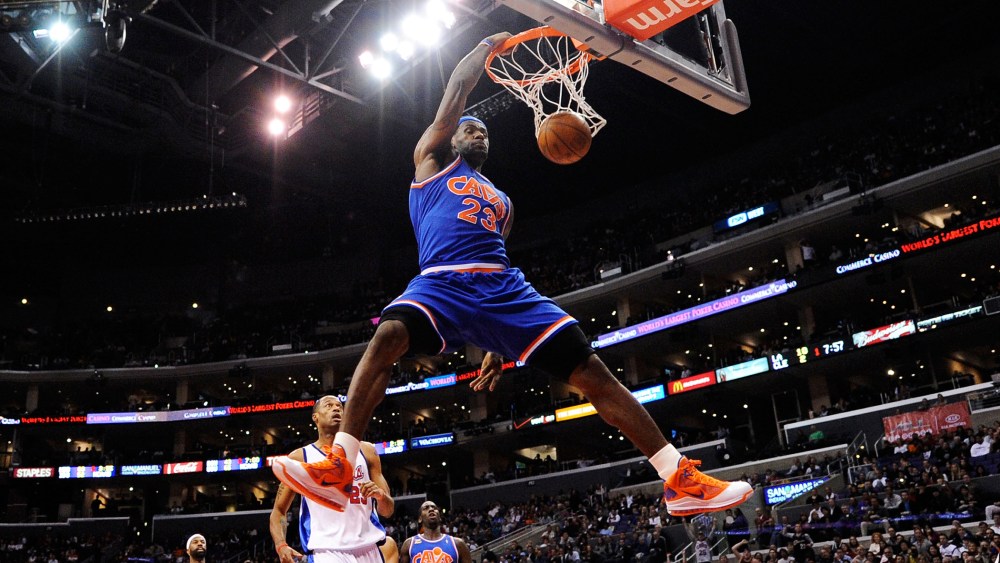 LeBron James of the Cleveland Caveliers dunks the ball against the Los Angeles Clippers at the Staples Center on Jan. 16, 2010 in Los Angeles, Calif. (Photo by Kevork Djansezian/Getty)
