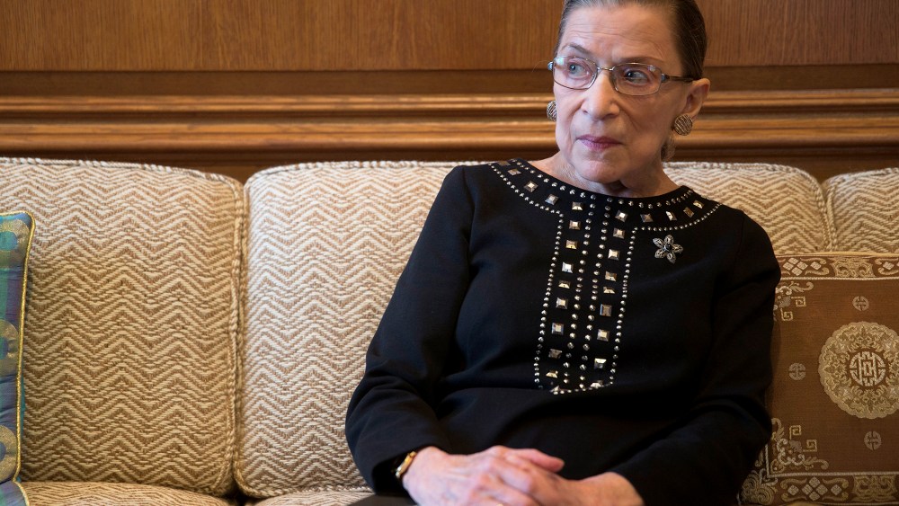 Ruth Bader Ginsburg pauses while talking in her chambers following an interview in Washington, D.C.
