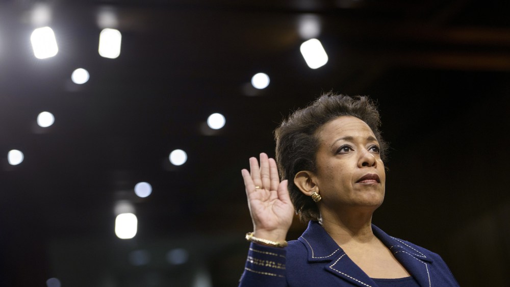Loretta Lynch is sworn in during her confirmation hearing before the Senate Judiciary Committee on Jan. 28, 2015 in Washington, D.C. (Photo by Brendan Smialowski/AFP/Getty)
