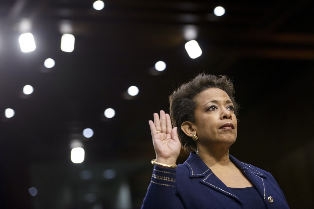 Loretta Lynch is sworn in during her confirmation hearing before the Senate Judiciary Committee on Jan. 28, 2015 in Washington, D.C. (Photo by Brendan Smialowski/AFP/Getty)