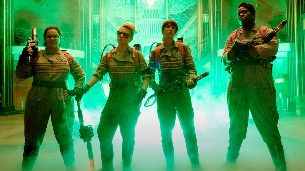 The new Ghostbusters line up inside the Mercado Hotel Lobby. (Photo by Hopper Stone/Sony Pictures/EPK)