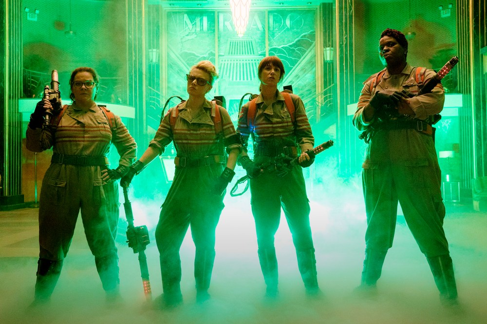The new Ghostbusters line up inside the Mercado Hotel Lobby. (Photo by Hopper Stone/Sony Pictures/EPK)