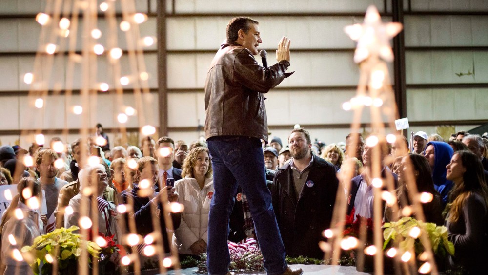 Republican presidential candidate, Sen. Ted Cruz, R-Texas, speaks during a campaign event in an airport hanger, Dec. 18, 2015, in Kennesaw, Ga. (Photo by David Goldman/AP)