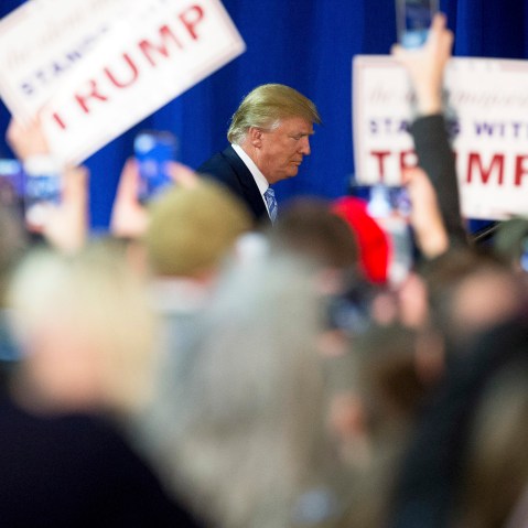 Republican presidential candidate Donald Trump arrives to speak at a rally at Muscatine High School in Muscatine, Iowa, Jan. 24, 2016. (Photo by Andrew Harnik/AP)