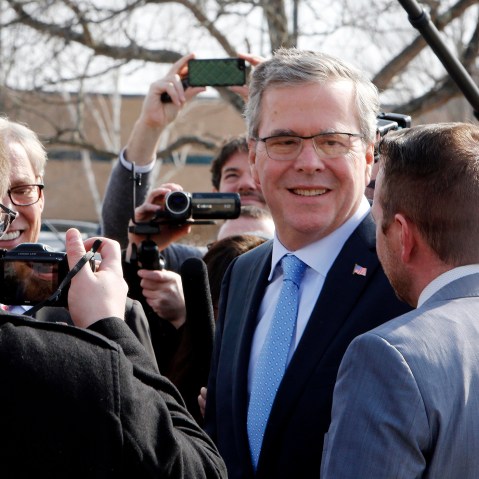 Former Florida Gov. Jeb Bush arrives for a stop at Integra Biosciences on March 13, 2015, in Hudson, N.H. (Photo by Jim Cole/AP)