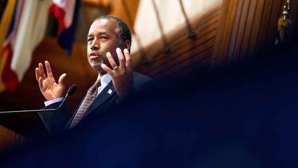 Republican presidential candidate Dr. Ben Carson speaks at a luncheon at the National Press Club in Washington, D.C., Oct. 9, 2015. (Photo by Andrew Harnik/AP)
