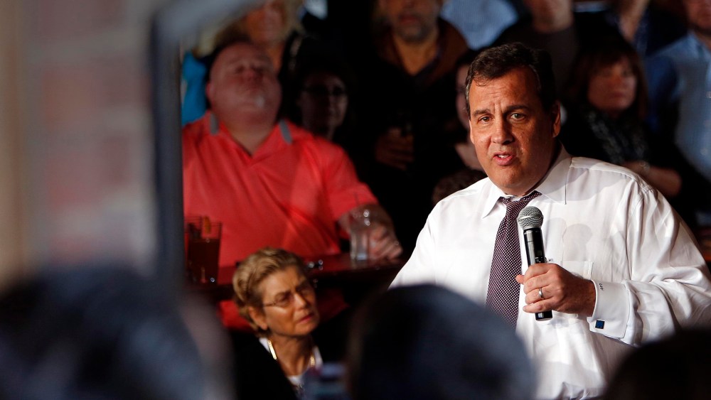 New Jersey Gov. Chris Christie speaks at a town hall meeting at Fury's Publick House in Dover, N.H., on May 8, 2015. (Photo by Jim Cole/AP)
