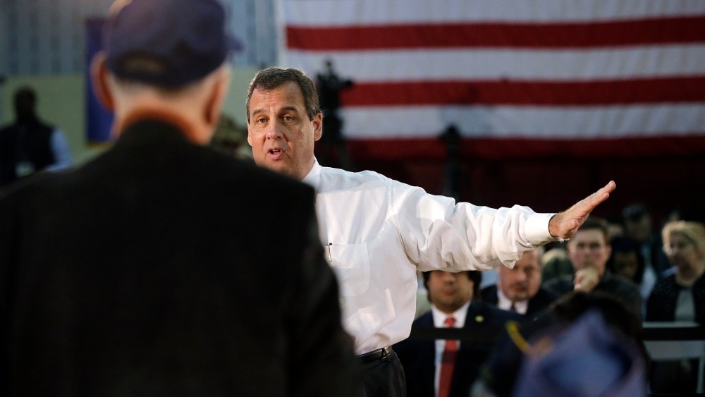 New Jersey Gov. Chris Christie answers a question from Dr. Eugene Yuliano during a town hall meeting Tuesday, March 10, 2015, in Somerville, N.J.